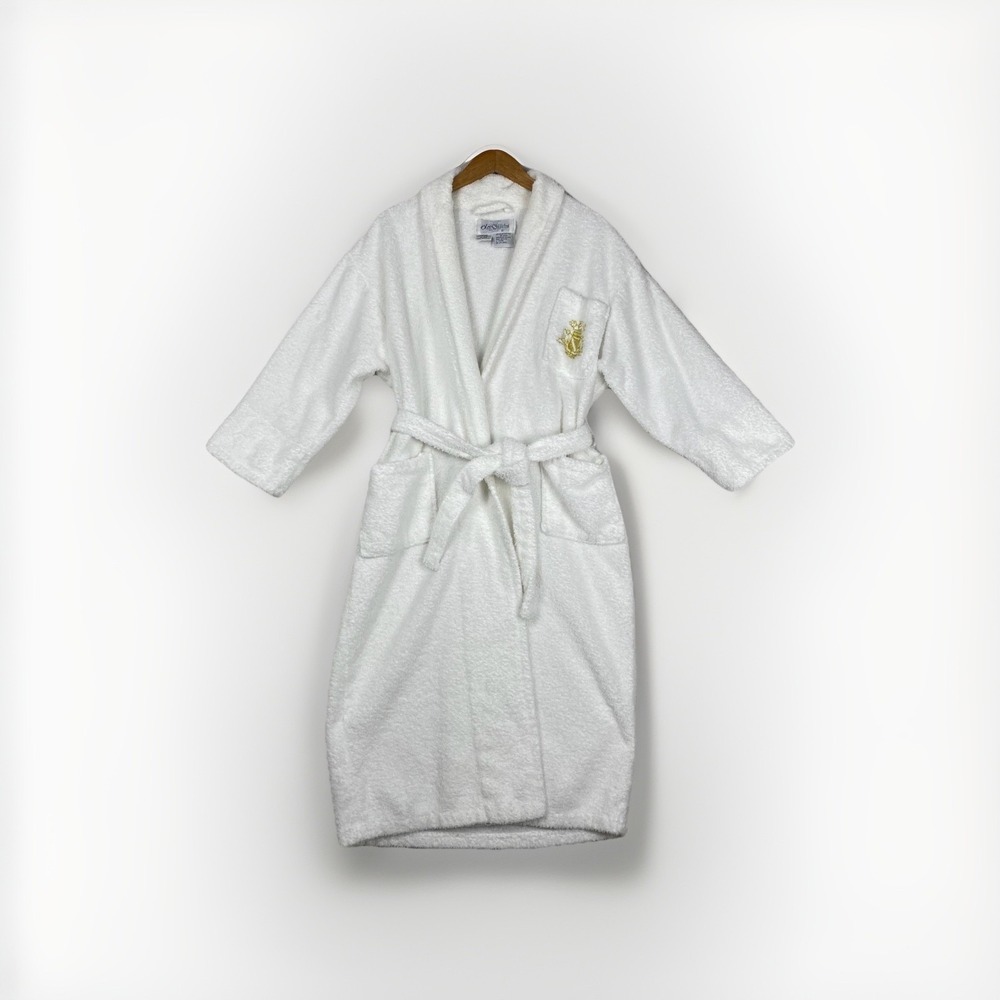 Vtg Oleg Cassini Terrycloth Robe Unisex OS 100% Cotton White Pocket Crest Logo